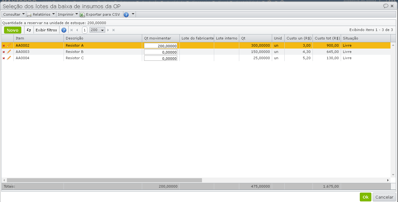 seleção dos lotes da baixa de insumos da OP