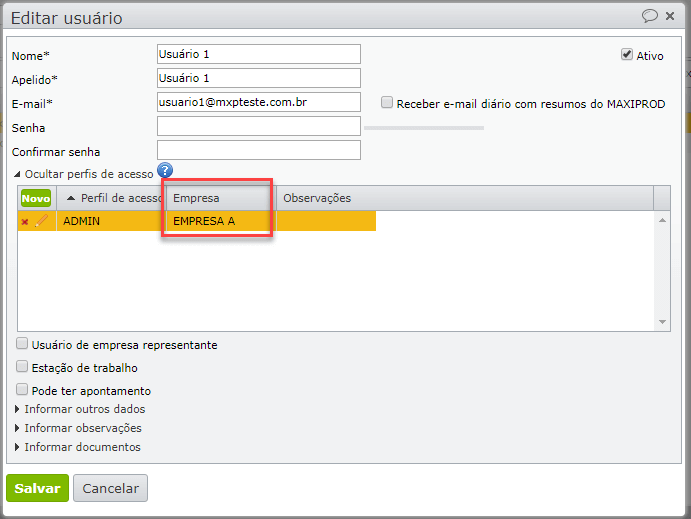 editar usuário - perfis de acesso Empresa A