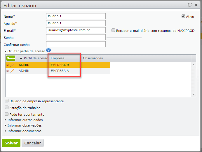 tela editar usuário - perfis de acesso