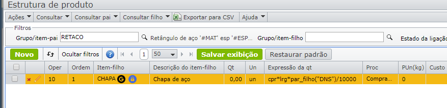 tela estrutura de produto