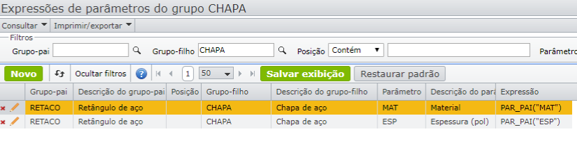 expressões de parâmetro do grupo CHAPA