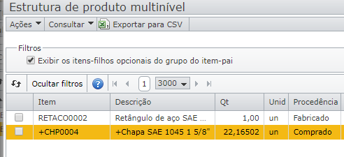 tela estrutura de produto multinível