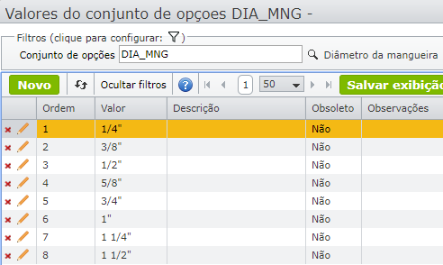 Diâmetros dos tubos de mangueira
