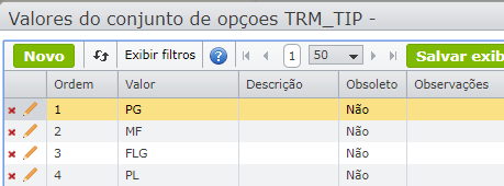 opções dos parâmetros do grupo Termina