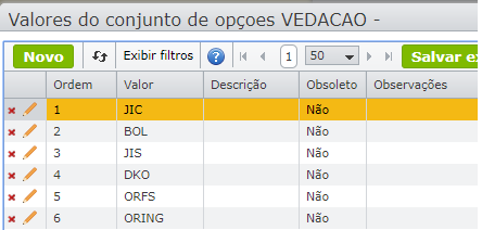 valores dos conjuntos de opções VEDACAO