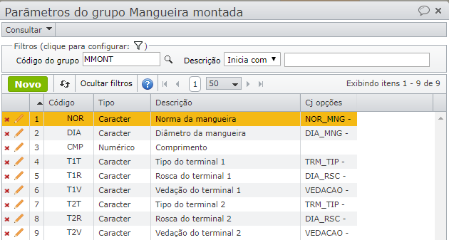 parâmetros do grupo mangueira montada