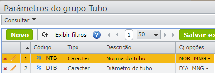 Parâmetros do grupo Tubo