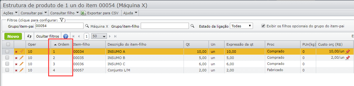 tela estrutura de produto
