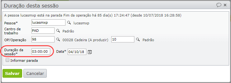 duração da sessão do apontamento de mão de obra