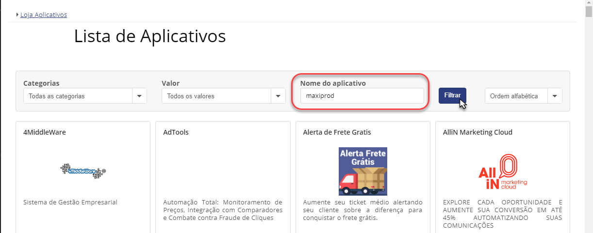 lista de aplicativos na plataforma Tray