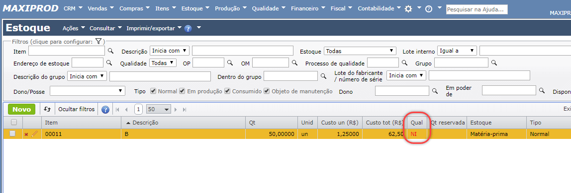 Níveis de qualidade de estoque_tela estoque
