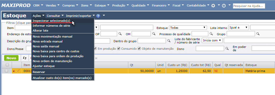 tela estoque_inspecionar selecionados