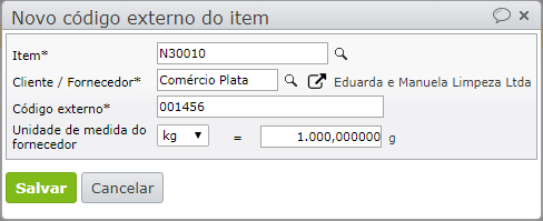 tela novo código externo do item
