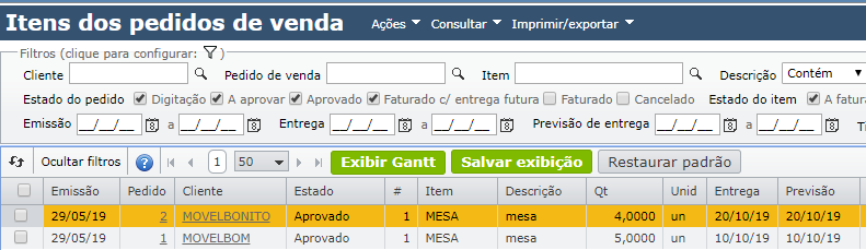 itens dos pedidos de venda