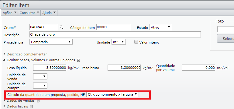 Venda com dimensões