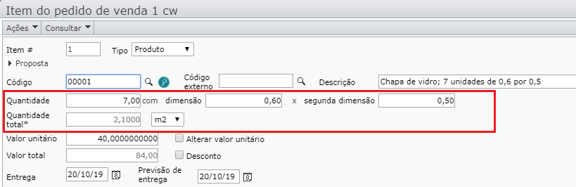 Venda com dimensões