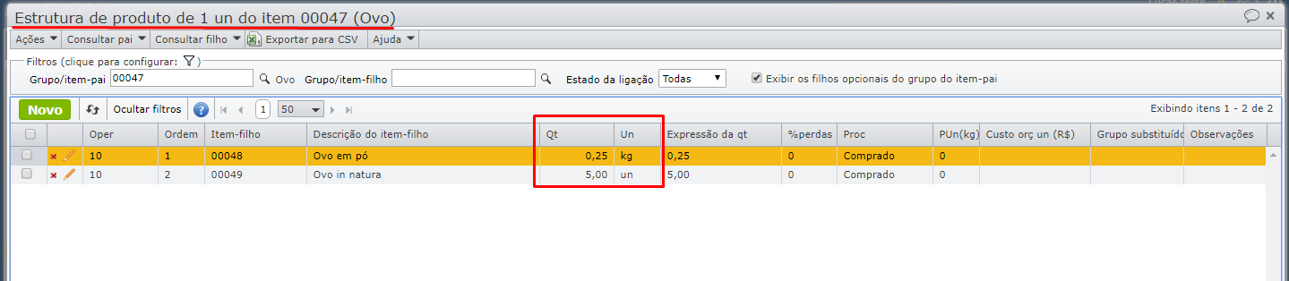 tela estrutura de produto_itens alternativos