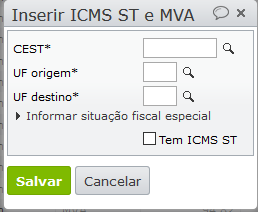 configurar as alíquotas de MVA - janela inserir ICMS ST e MVA