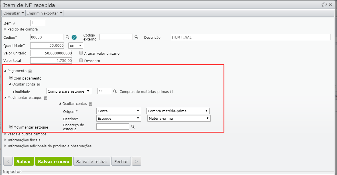 janela item de NF recebida