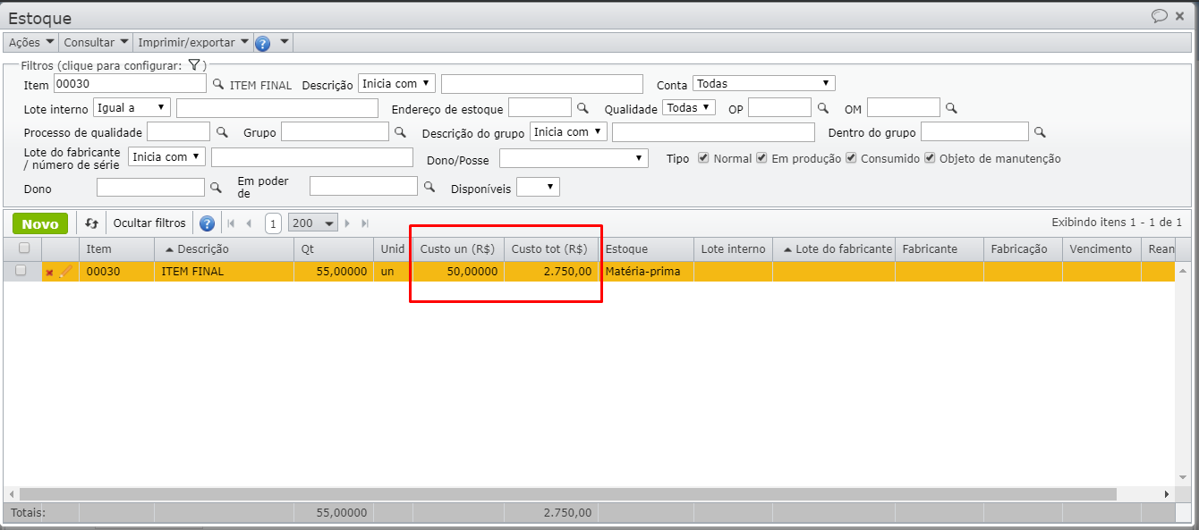 valor do estoque na tela de estoque
