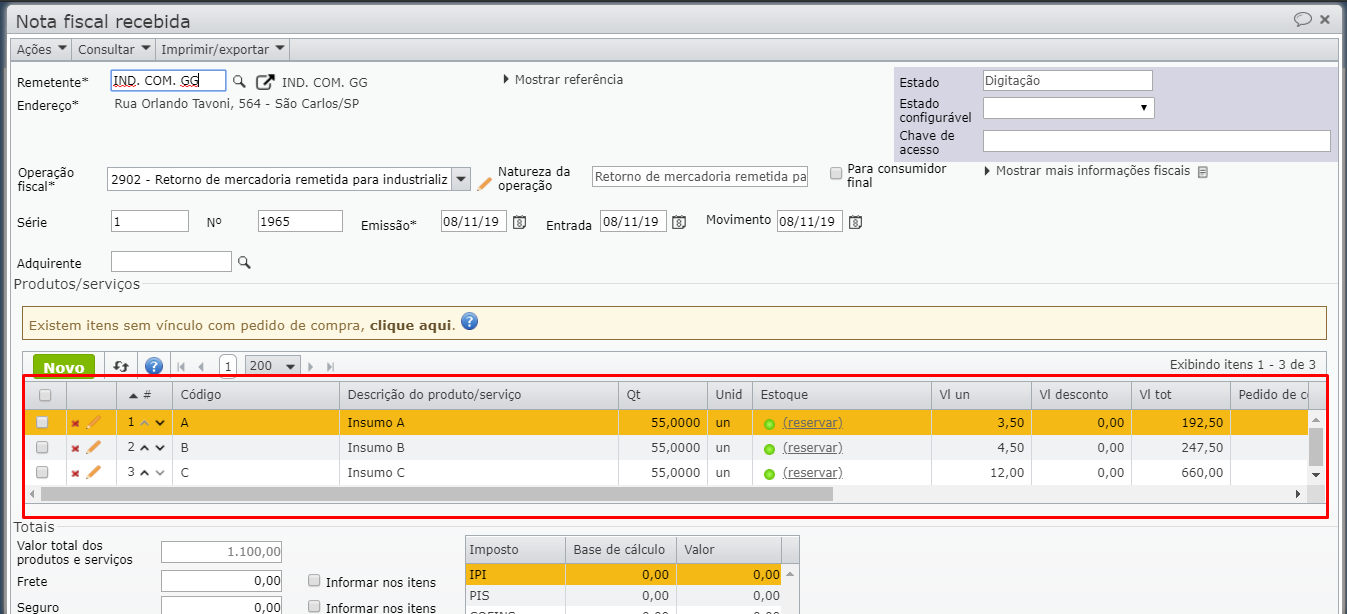 nota fiscal recebida dos insumos consumidos
