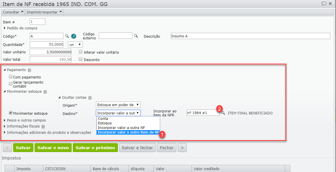janela item de NF recebida - campo destino
