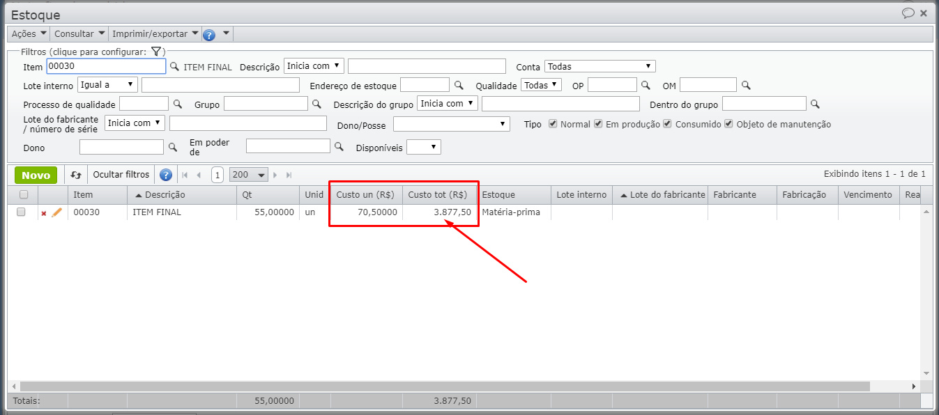 valor do estoque do "ITEM FINAL BENEFICIADO"