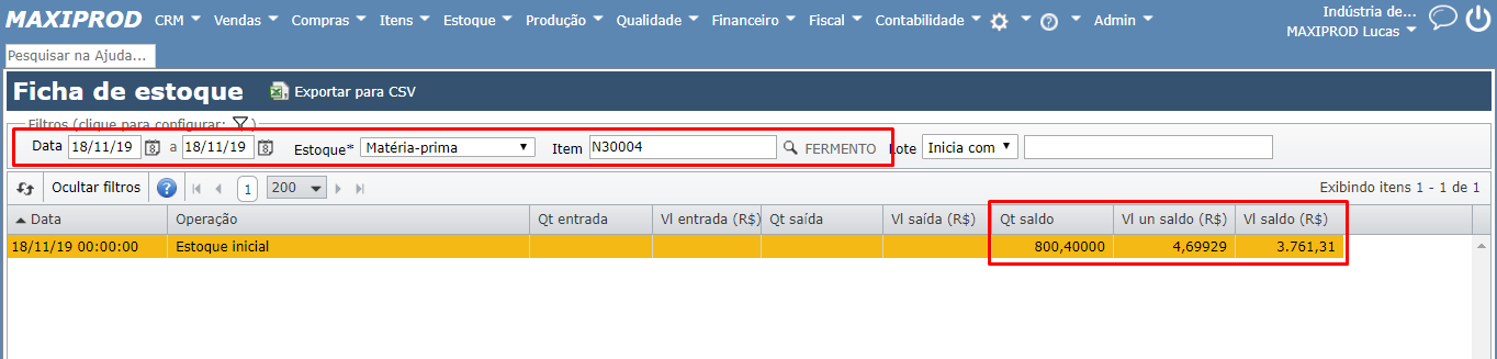 tela ficha de estoque datas