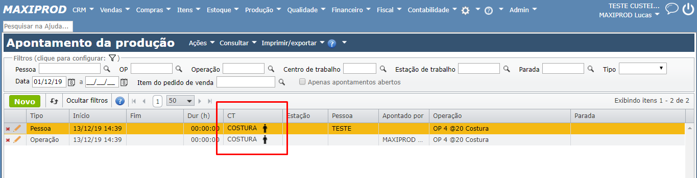 tela apontamento de produção