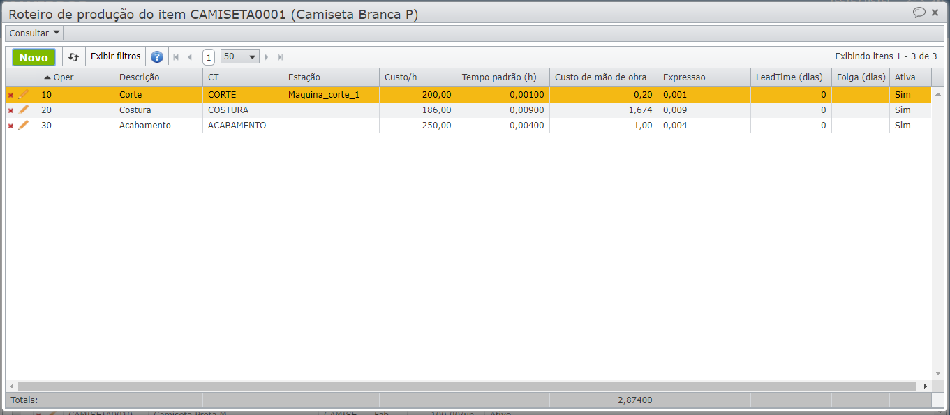 tela de roteiro de produção do item CAMISETA0001 1