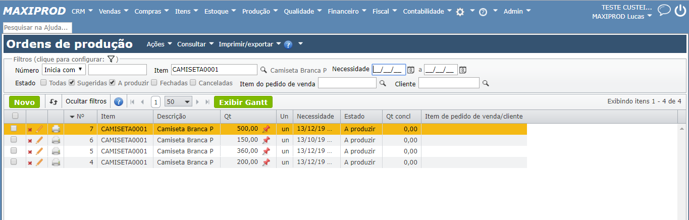 tela de ordens de produção