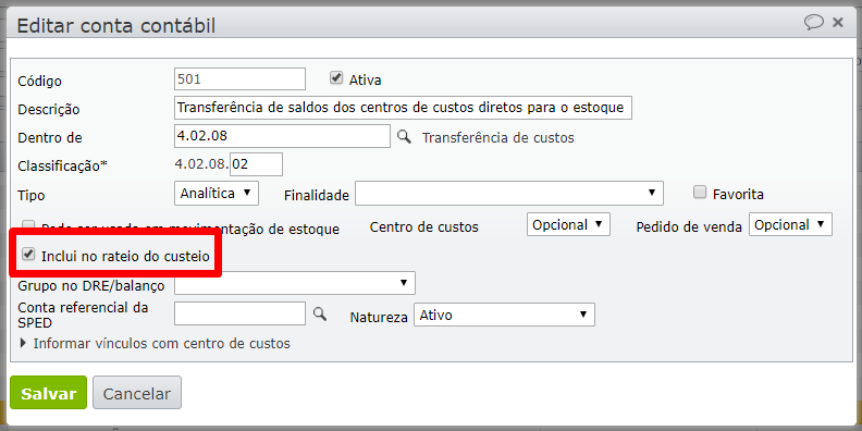 editar conta contábil_custeio industrial