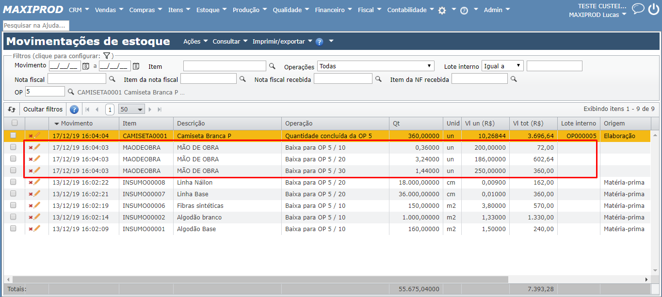 tela de movimentações de estoque_custeio industrial
