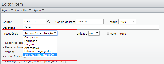 campo procedência na edição do item