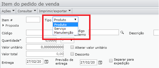 Pedidos de venda de produto, serviço ou manutenção