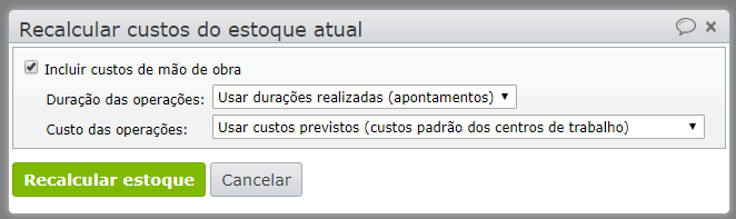 tela recalcular custos do estoque atual