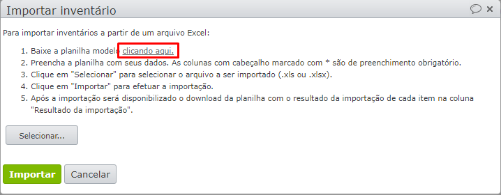 janela com instruções para importar inventário
