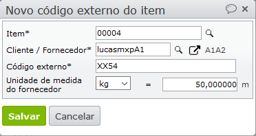 novo código interno do item na tela de códigos externos