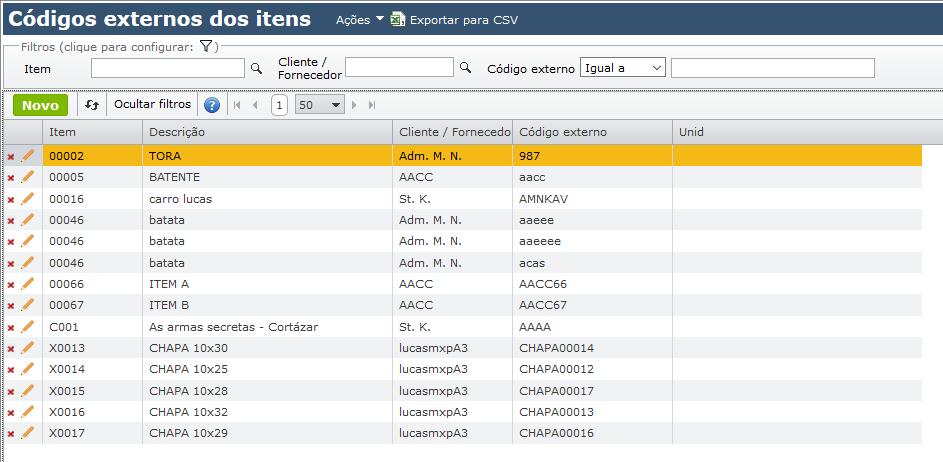 tela códigos externos dos itens
