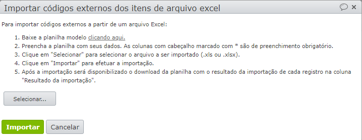 importar códigos externos dos itens de arquivos Excel