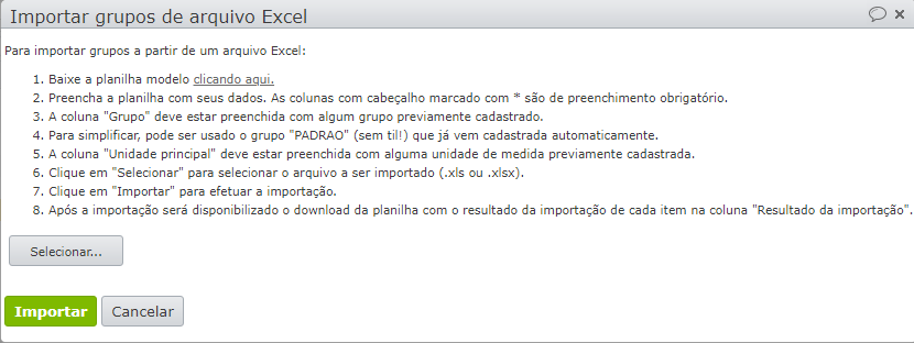 passos indicados para importar grupos de itens via excel