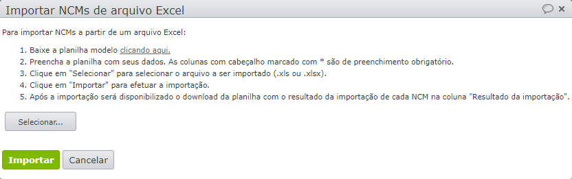 tela de importação da NCM via arquivo Excel