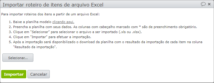janela com instruções para importar roteiro de itens via excel