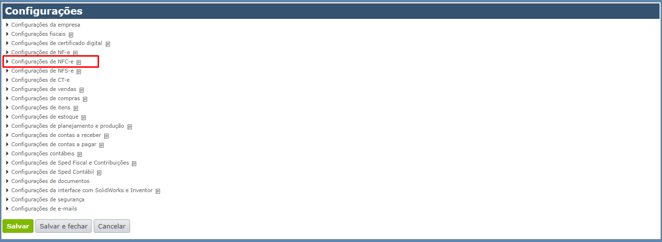 configurações da NFC-e: Nota fiscal ao consumidor eletrônica
