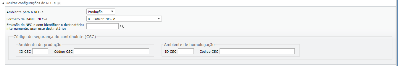 aba Configurações da Nota fiscal ao consumidor eletrônica NFC-e