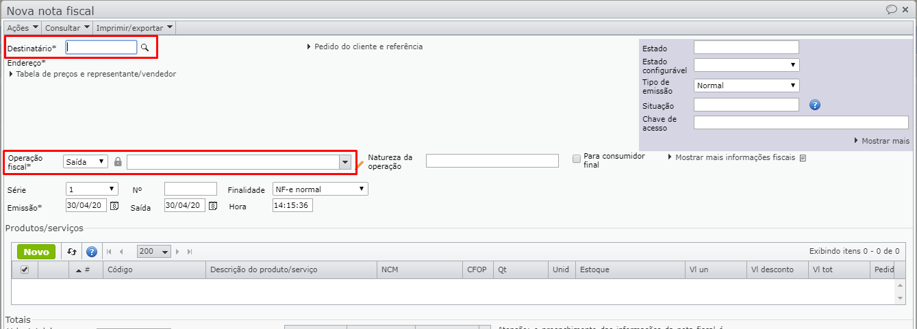 janela aberta para selecionar “destinatário” da nota e “operação fiscal”