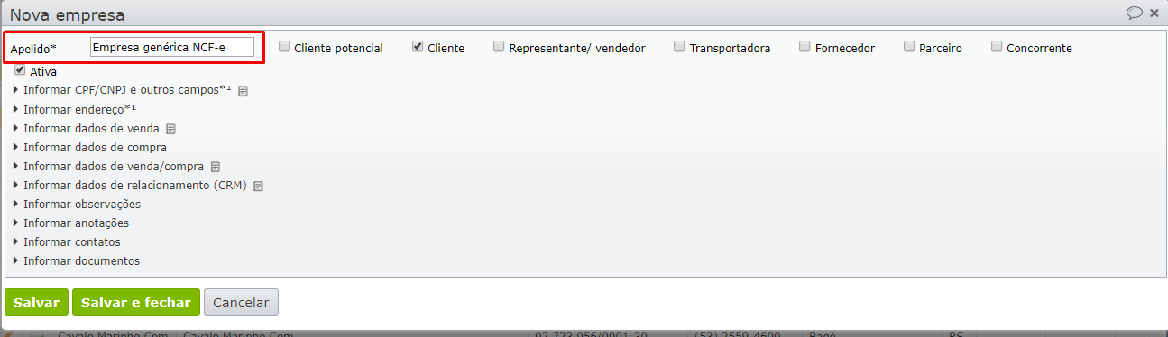 edição de nova empresa genérica NFC-e
