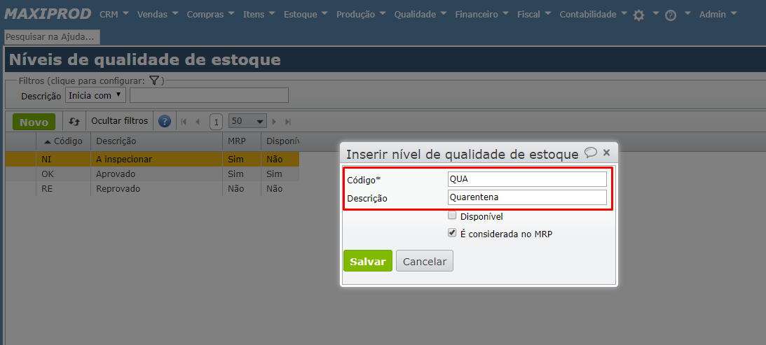 inserir Níveis de qualidade de estoque
