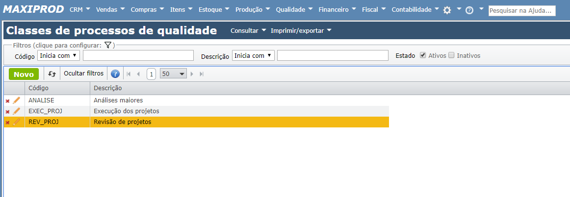 tela Classes dos processos de qualidade