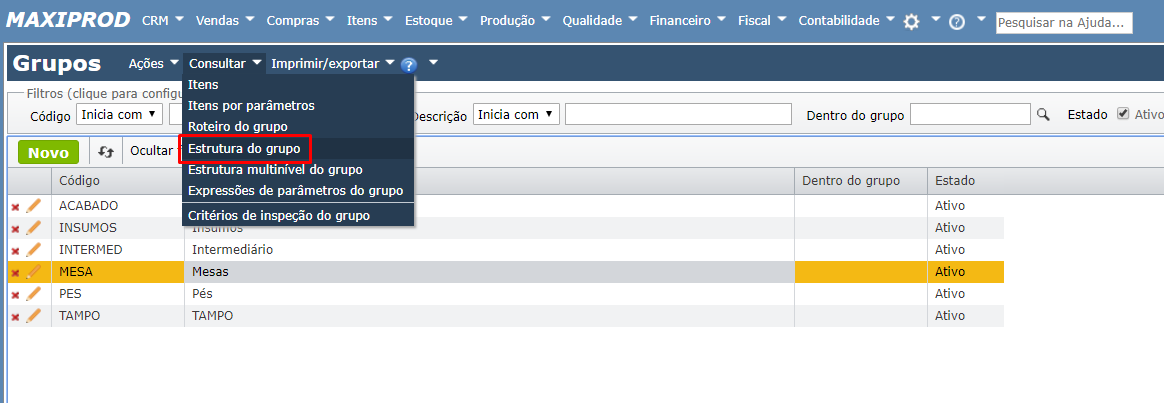 cadastrar a estrutura de produto do grupo MESA